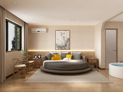 Modern Hotel Guest Room With Round Bed Gray Yellow Pillows Wooden Floor And White Bathtub 3d model