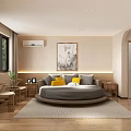 Modern Hotel Guest Room With Round Bed Gray Yellow Pillows Wooden Floor And White Bathtub