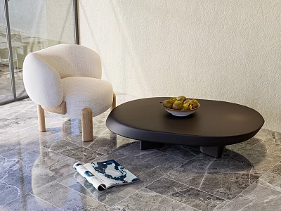 Modern Black Round Coffee Table with Fruit Bowl and Beige Chair on Marble Floor 3d model