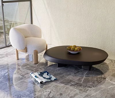 Modern Black Round Coffee Table with Fruit Bowl and Beige Chair on Marble Floor 3d model