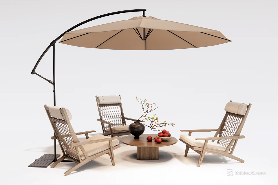 Stylish Outdoor Table With Beige Cantilever Umbrella Rattan Chairs And Fruit Branch Decor 3d model 
