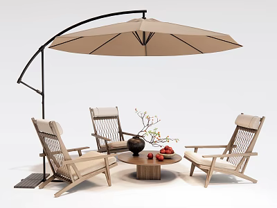Stylish Outdoor Table With Beige Cantilever Umbrella Rattan Chairs And Fruit Branch Decor 3d model