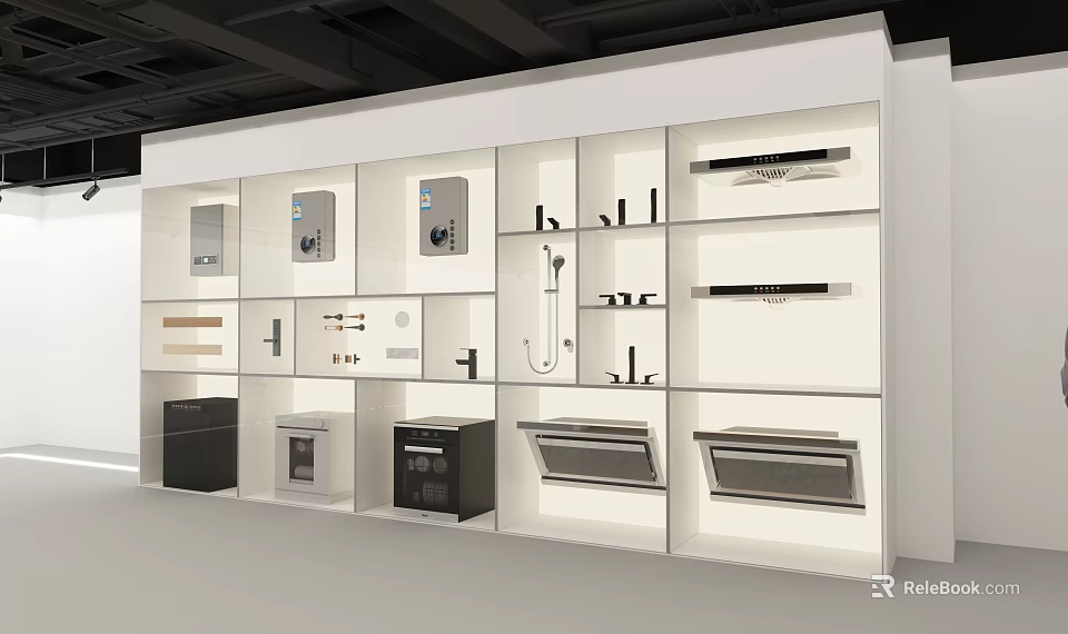 Modern Display Cabinet Showcasing Water Heaters Faucets Ovens And Kitchen Bathroom Appliances 3d model 
