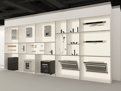 Modern Display Cabinet Showcasing Water Heaters Faucets Ovens And Kitchen Bathroom Appliances 3d model