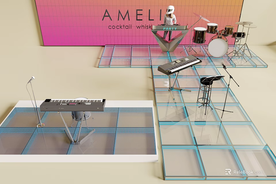 Modern Stage Setup With Keyboard Drum Set And Transparent Blue Grid Floor For Cocktail Event 3d model 
