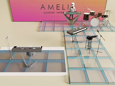 Modern Stage Setup With Keyboard Drum Set And Transparent Blue Grid Floor For Cocktail Event 3d model