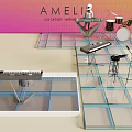 Modern Stage Setup With Keyboard Drum Set And Transparent Blue Grid Floor For Cocktail Event