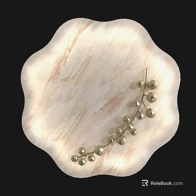 Round Marble Textured Wall Decor With Scalloped Edge Gold Metal Branch And Small Spherical Accents 3d model 