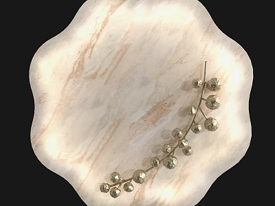 Round Marble Textured Wall Decor With Scalloped Edge Gold Metal Branch And Small Spherical Accents 3d model