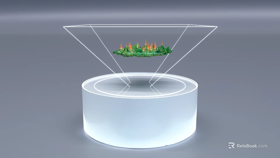 Transparent Triangular Frame Display With Green Plants And Orange Decorations On White Circular Base 3d model 