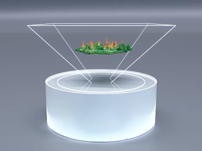 Transparent Triangular Frame Display With Green Plants And Orange Decorations On White Circular Base 3d model
