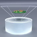 Transparent Triangular Frame Display With Green Plants And Orange Decorations On White Circular Base