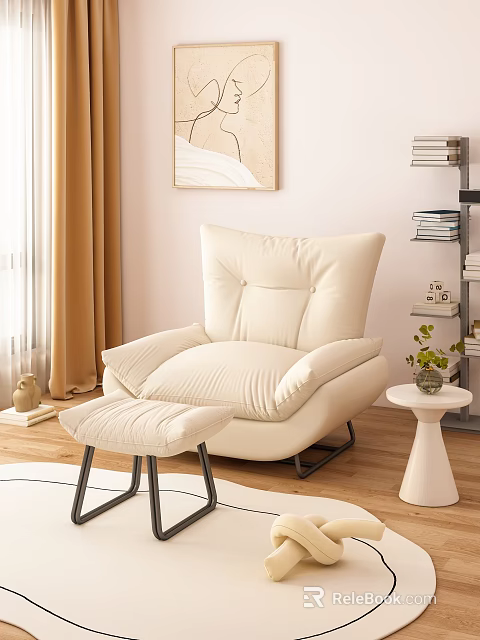 Beige Modern Lounge Chair With Matching Ottoman For Cozy Living Room Space 3d model 