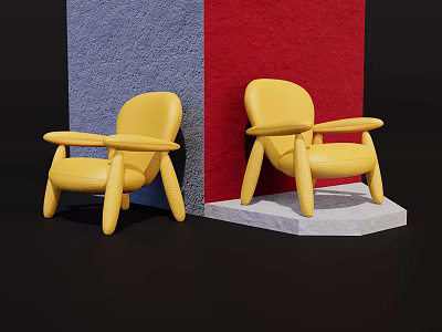 Two Yellow Leisure Chairs Against Blue And Red Walls On Black Floor With White Pedestal 3d model