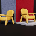 Two Yellow Leisure Chairs Against Blue And Red Walls On Black Floor With White Pedestal