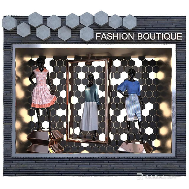 Fashion Boutique Shop Window Display Featuring Mannequins In Stylish Dresses Tops Skirts Hexagonal Background Lighting 3d model 