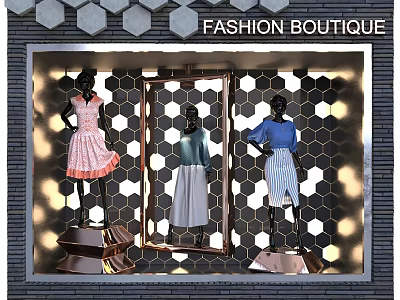 Fashion Boutique Shop Window Display Featuring Mannequins In Stylish Dresses Tops Skirts Hexagonal Background Lighting 3d model