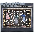 Fashion Boutique Shop Window Display Featuring Mannequins In Stylish Dresses Tops Skirts Hexagonal Background Lighting