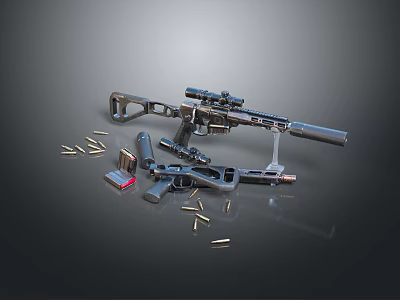 Tactical Rifle With Scope Magazine And Scattered Bullets On Gray Surface 3d model