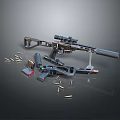 Tactical Rifle With Scope Magazine And Scattered Bullets On Gray Surface 3d model