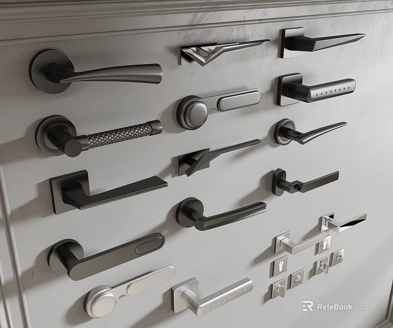 Various Door Handles Designs Displayed on Gray Background for Home Use 3d model