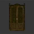 Classical Wooden Cabinet With Glass Doors Carved Details And Spherical Finials