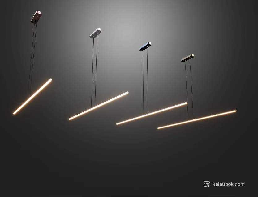 Modern Linear Pendant Lights Hanging In Dark Room With Warm Glow 3d model 