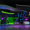 Modern Exhibition Booth With Neon Lights Green Purple Lighting Digital Screens And Reception Desk