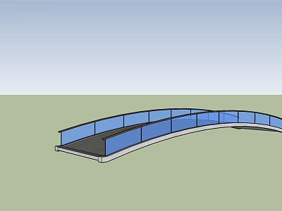 Modern Curved Bridge With Glass Railings And Dark Deck Over Green Landscape 3d model