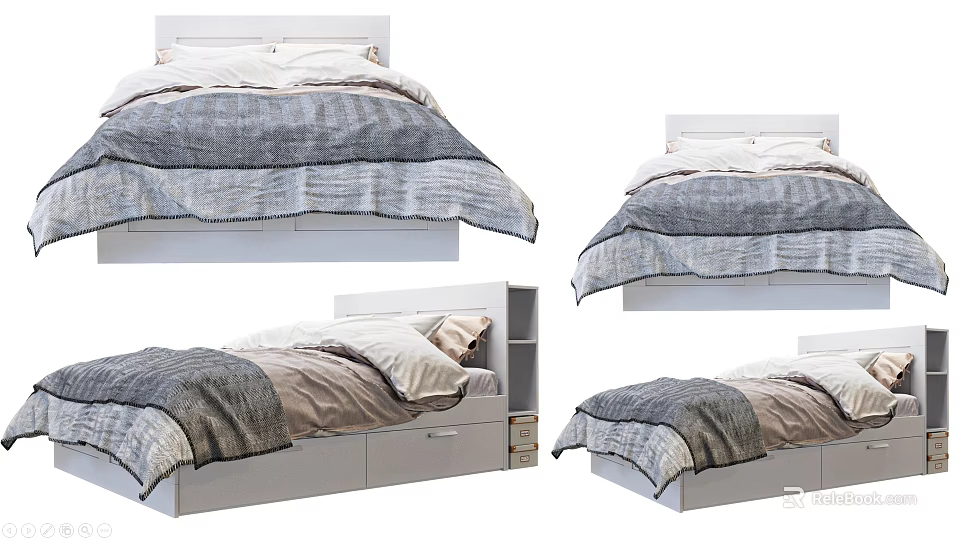 Double Bed With White Headboard Gray Beige Comforter And Storage Drawers 3d model 