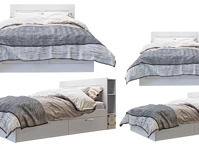 Double Bed With White Headboard Gray Beige Comforter And Storage Drawers 3d model