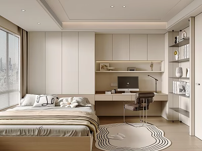 Modern Minimalist Tatami Bedroom Interior With Built In Desk Storage Cabinets And Large Window 3d model