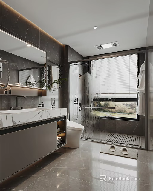 Modern Bathroom Interior Design With Marble Countertop Large Mirror Glass Shower Area Window With Blinds 3d model 