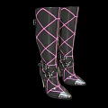 Black High Heel Boots With Pink Crisscross Lines And Silver Toe Caps