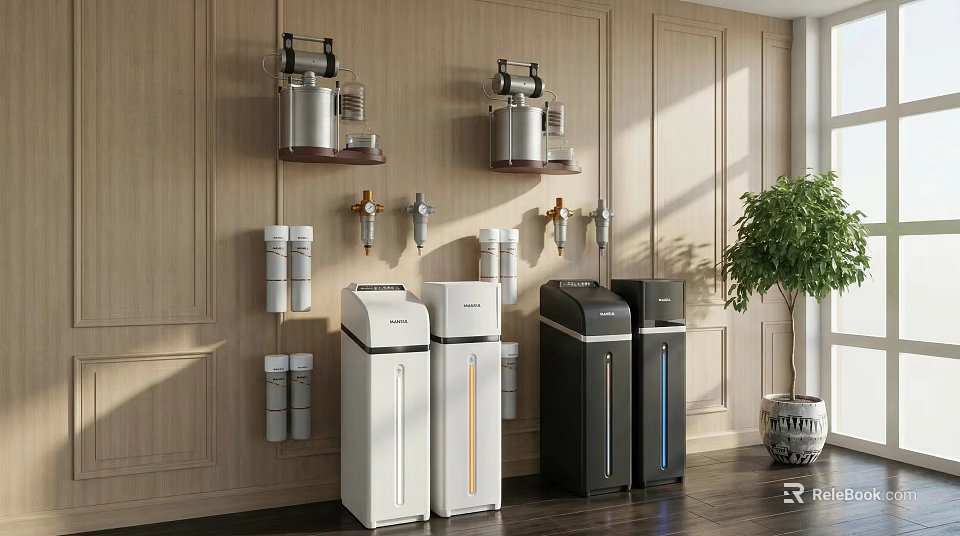 Wall Mounted And Floor Standing Water Dispensers With Wooden Wall And Green Plant 3d model 