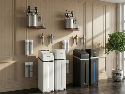 Wall Mounted And Floor Standing Water Dispensers With Wooden Wall And Green Plant 3d model