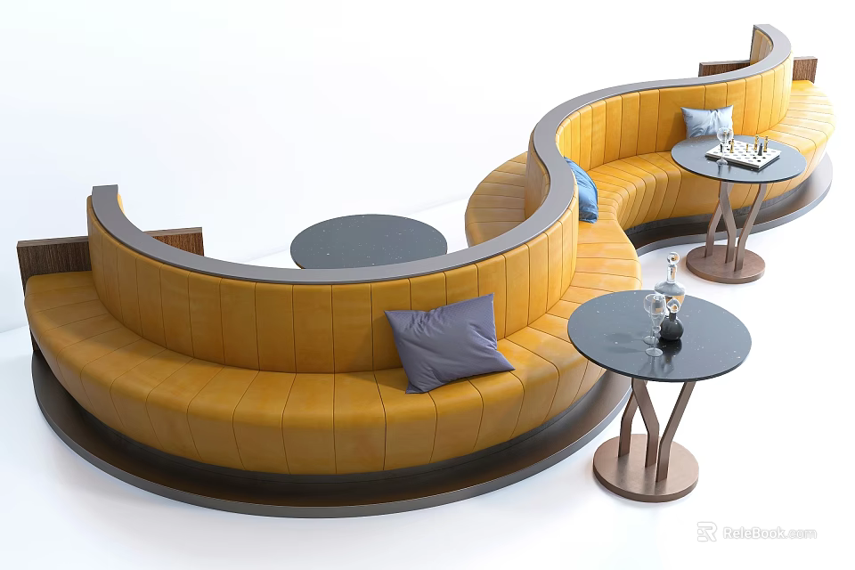 Curved Yellow Sofa with Purple Cushions and Small Round Tables in Modern Lounge 3d model 