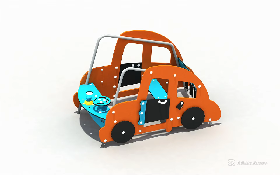 Orange Car Shaped Kids Playground Play Equipment With Blue Steering Wheel And Seats 3d model 