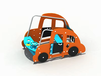 Orange Car Shaped Kids Playground Play Equipment With Blue Steering Wheel And Seats 3d model