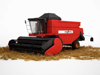 New Holland Red Harvester With Large Cutting Platform In Dry Grass Field 3d model