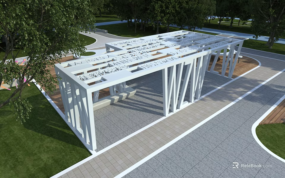 Modern White Pergola Open Structure With Green Lawn Trees And Paved Floor 3d model 
