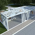 Modern White Pergola Open Structure With Green Lawn Trees And Paved Floor