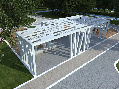 Modern White Pergola Open Structure With Green Lawn Trees And Paved Floor 3d model
