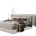 Modern Upholstered Double Bed With Soft Bedding Side Tables And Decorative Plants 3d model