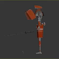 Red Robot Character With Skeleton Structure Holding Sword And Blue Eyes In Gray Background