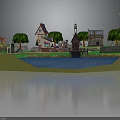 Ancient Village Scene With Stone Cottages Walls Green Trees Winding Path And River