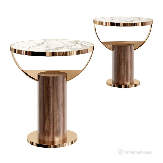 Stylish Circular Side Table With White Marble Top Wooden Base And Golden Frame 3d model 