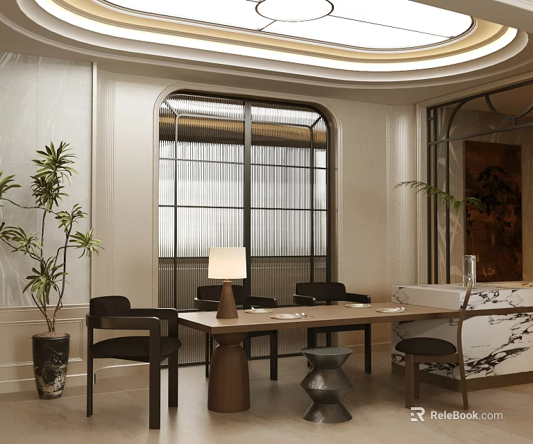 Modern Restaurant Interior With Circular Ceiling Light Arched Windows Potted Plants And Marble Dining Elements 3d model 