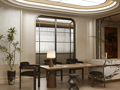 Modern Restaurant Interior With Circular Ceiling Light Arched Windows Potted Plants And Marble Dining Elements 3d model