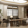 Modern Restaurant Interior With Circular Ceiling Light Arched Windows Potted Plants And Marble Dining Elements